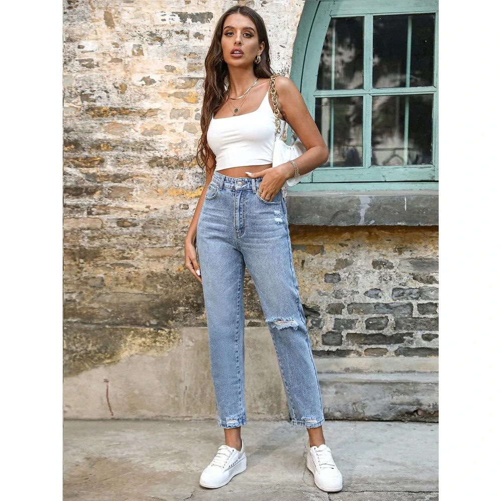 Ripped Frayed Hem Mom Jeans distressed denim straight leg high waisted light - Picture 4 of 7